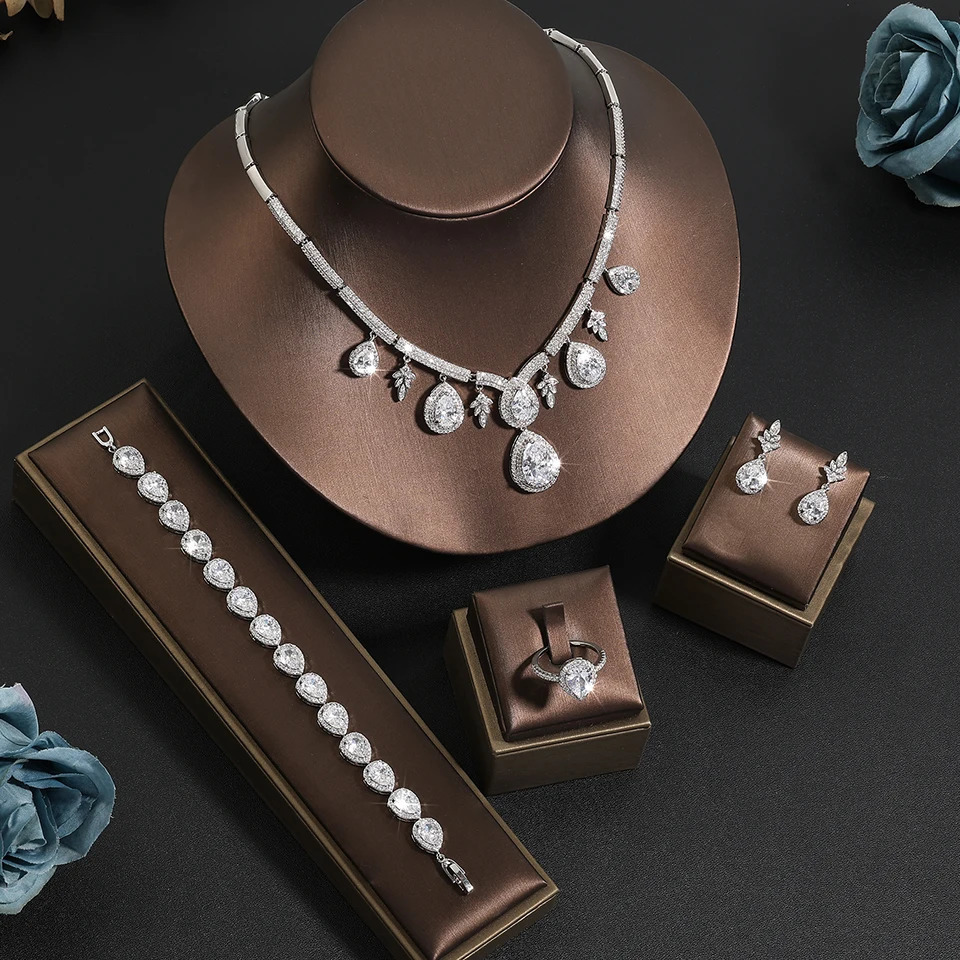 ZAKOL Cubic Zirconia Necklace Earrings Rings Set for Women Shinny Water Drop Leaf CZ Bridal Wedding Jewelry Sets 250609