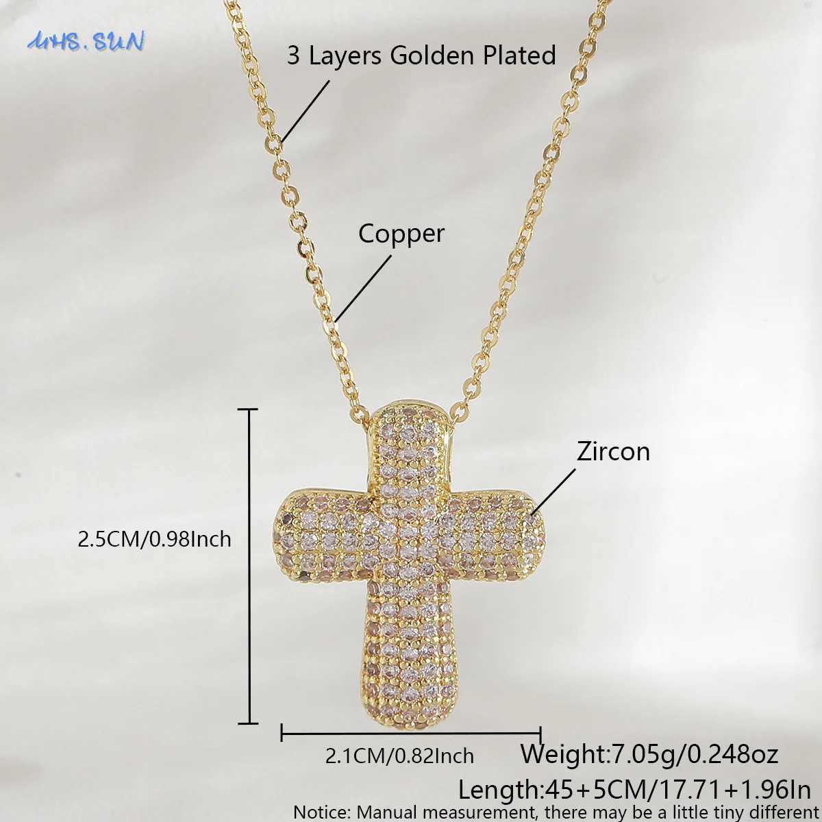 SUNSLL Classic Chunky Full Cubic Zircon Cross Pendant Necklaces For Women Men Gold/Silver Color Catholicism Religious Jewelry Z250614