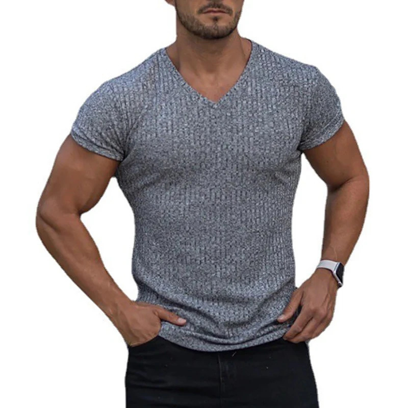 Mens V Neck Short Sleeve T Shirt Fitness Slim Fit Sports T-shirt Solid Fashion Strips Tees Tops Summer Knitted Gym Clothing 250529