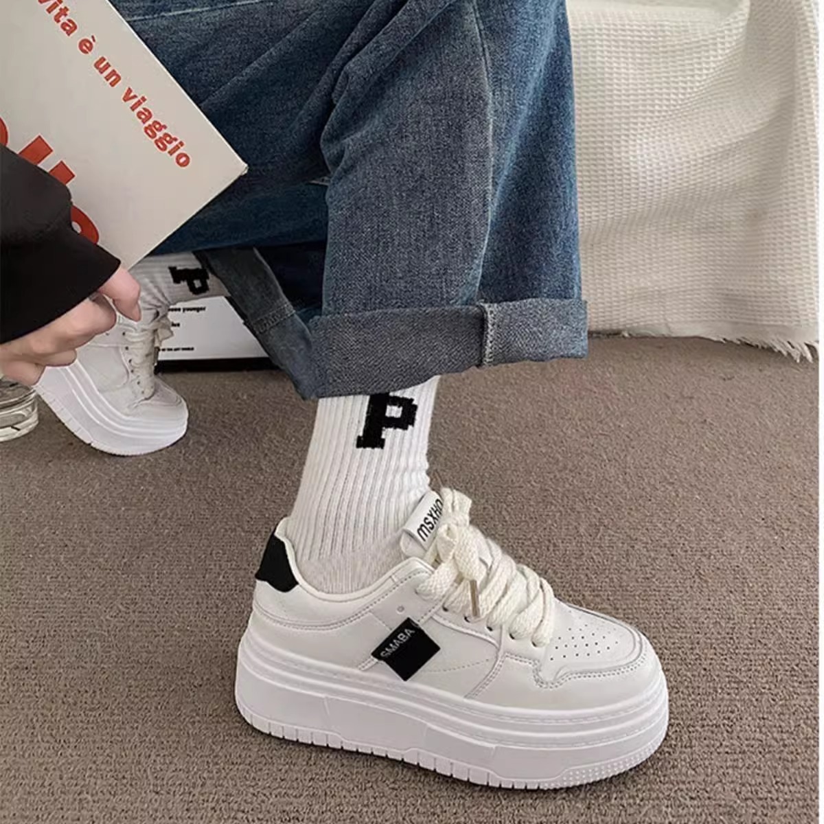 Ddmysports Korean Style Casual Sneakers Women Spring Autumn Internet Celebrity Height Increasing Versatile Breathable Thick Sole Bread White Shoes Out