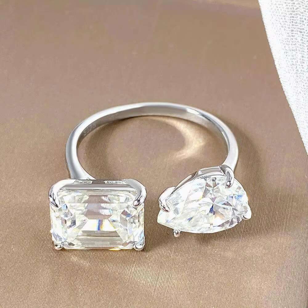 FOXI Waterdrop Moissanite Ring Inspired Wedding Open Adjust Rings Emerald and Pear Cut Moissanite Diamond Sterling Silver Ring