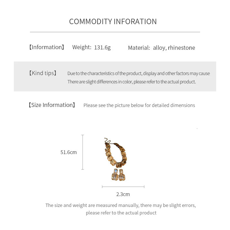 Inlaid Rhinestone Square Earrings Necklace Two-piece Set Fashion Versatile Exaggerated Temperament Light Accessories Sets 250530