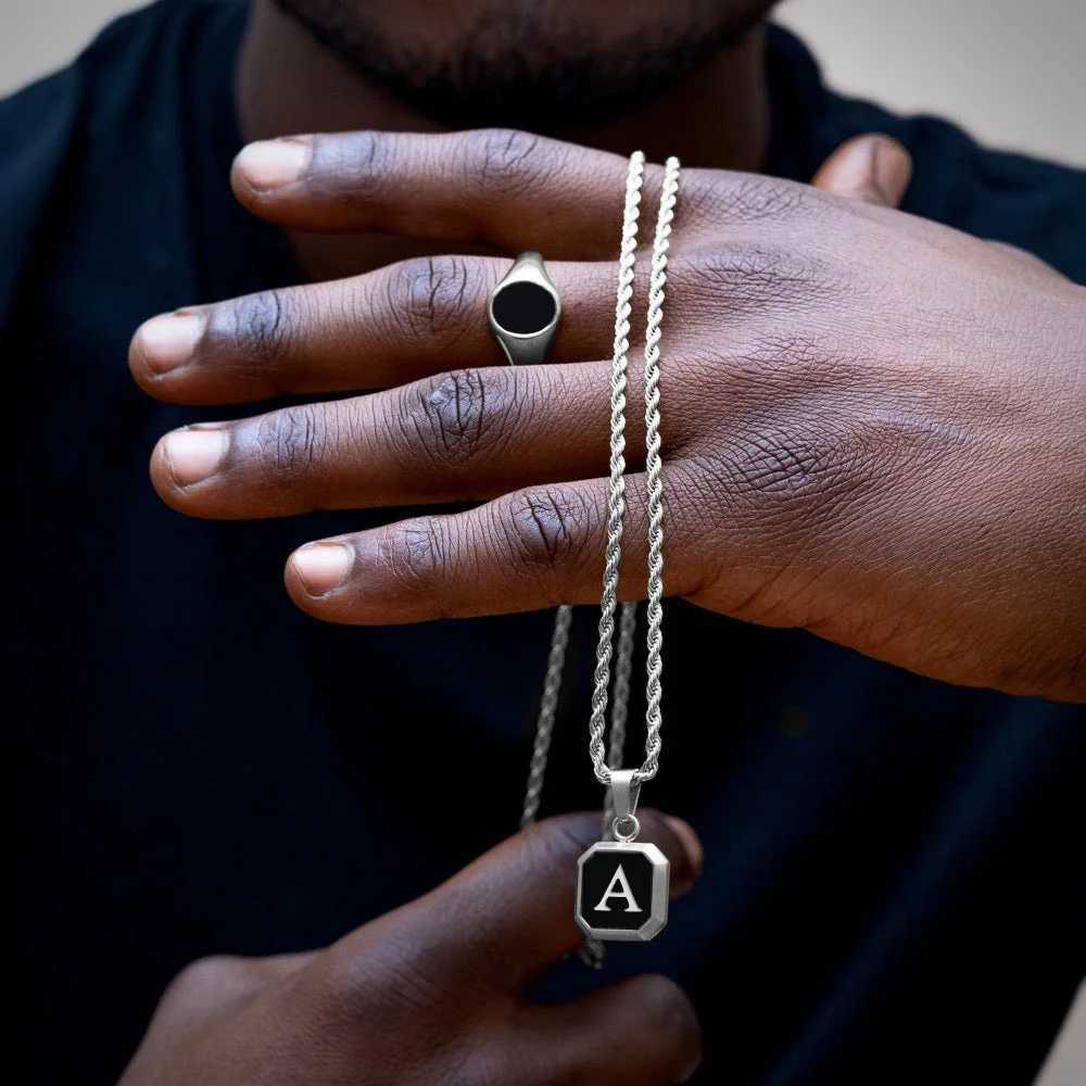 Vnox A-Z Initial Letters Men Necklaces Geometric Pendant with Box Cuban Rope Chain Stainless Steel Square Simple Collar Z250614