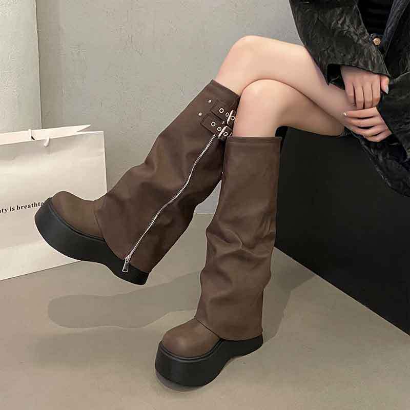 Ddmyoutdoor Soft Leather Chunky Sweet Cool Style Hot Girl Slouch Thick Sole Western Over The Knee Long High Tube Riding Boots Outdoor Shoes