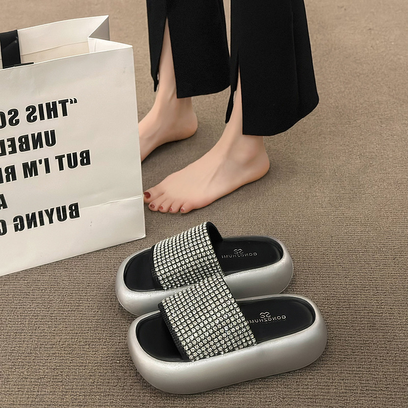 Ddmyoutdoor Platform Height Increasing One Strap Slippers For Women Summer Outdoor Rhinestone Wedge Fashion Sandals Outdoor Shoes