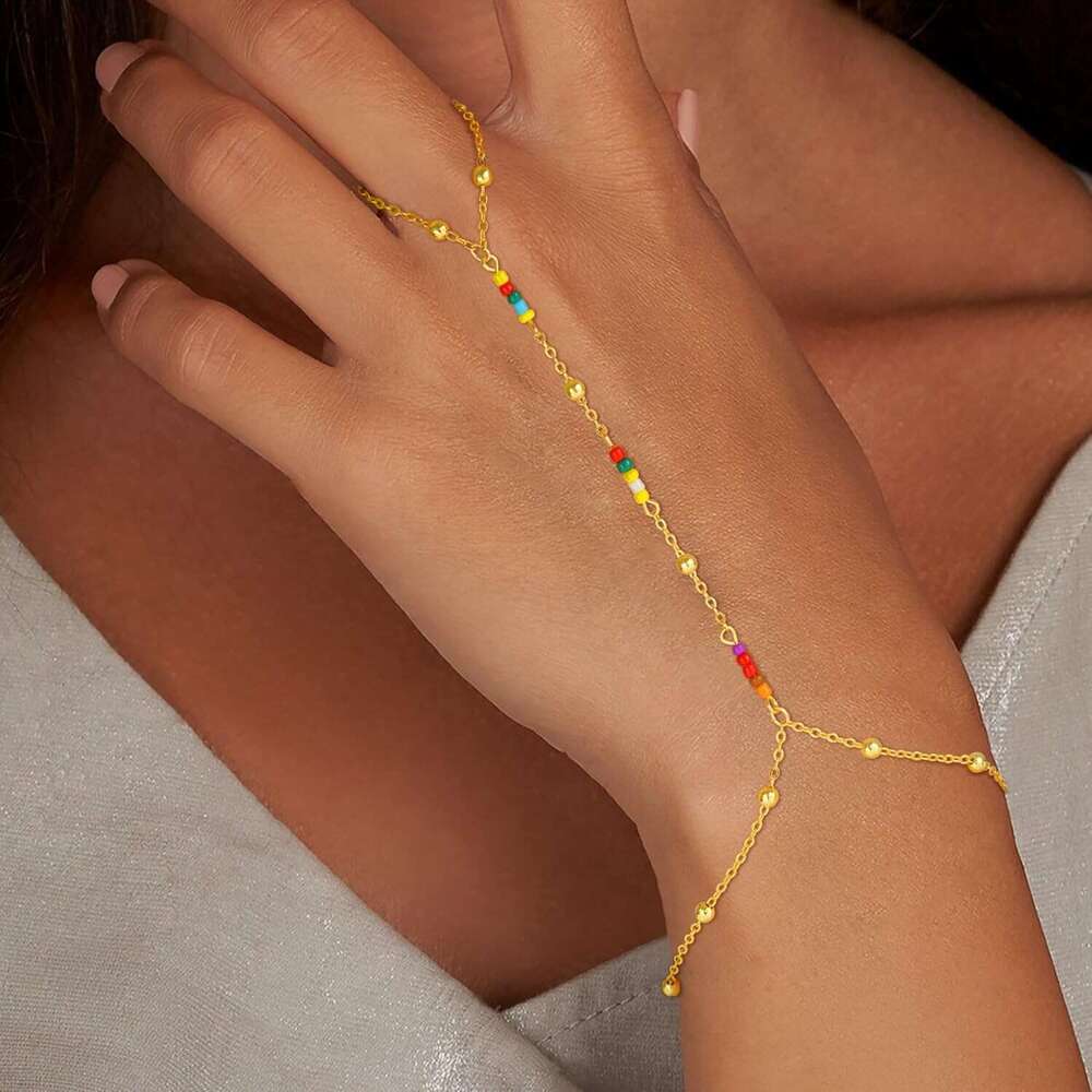 - 14K Real Plated Dainty Stackable Paperclip Link Hand Chain Bracelet Ring Gold Bracelets for Women Trendy