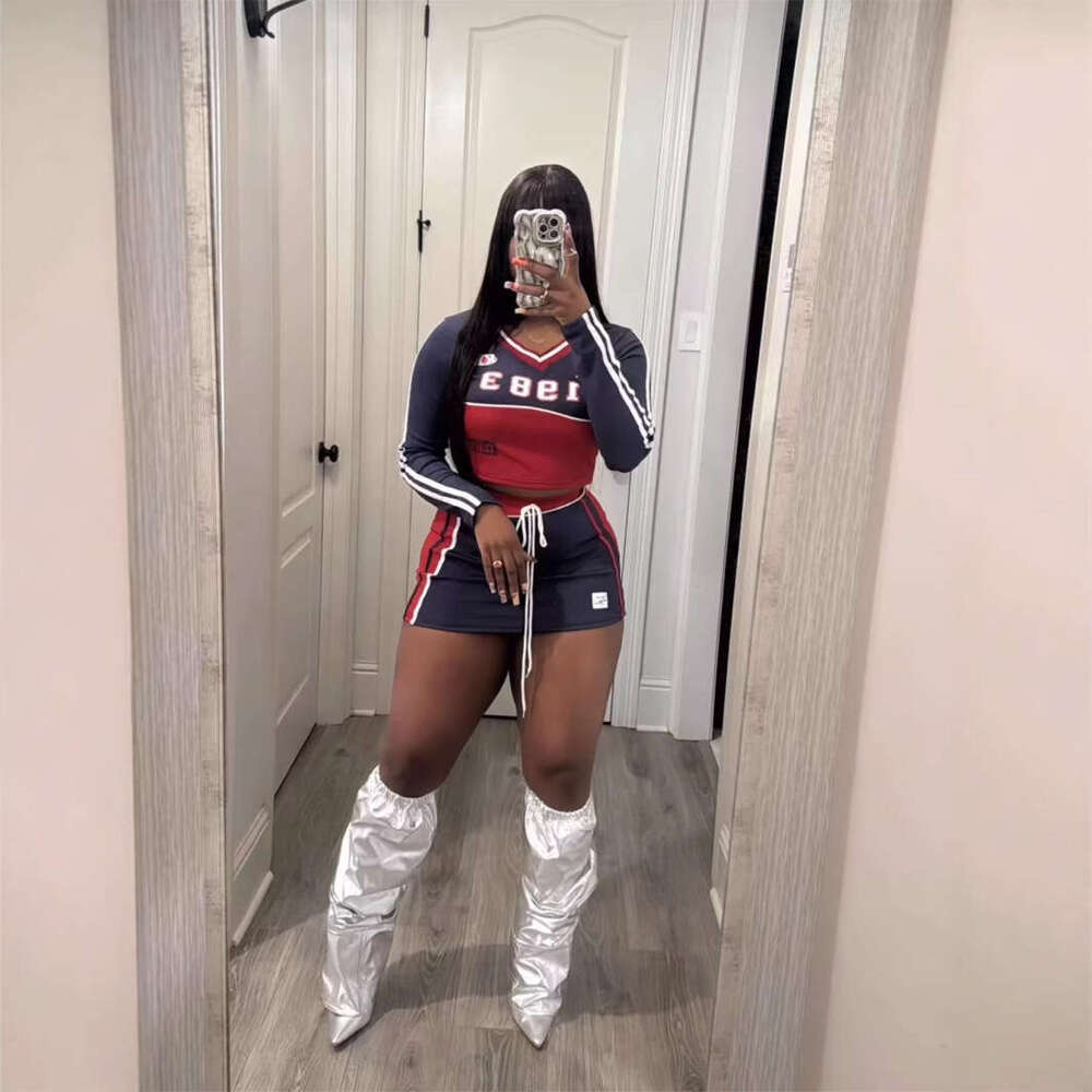 Autumn New Slim Fit Fashion Print Color Block Spicy Girl Long Sleeve Top With Tie Short Skirt Set B5