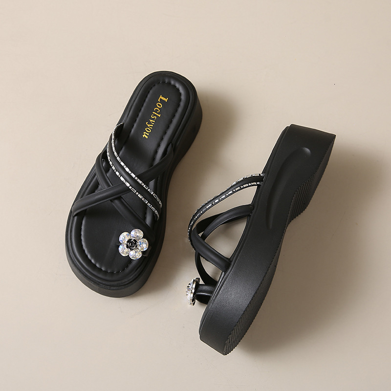 Ddmyoutdoor Summer New Floral Toe Post Thick Sole Slippers For Women Outdoor Rhinestone One Strap High Heel Casual Sandals Outdoor Shoes