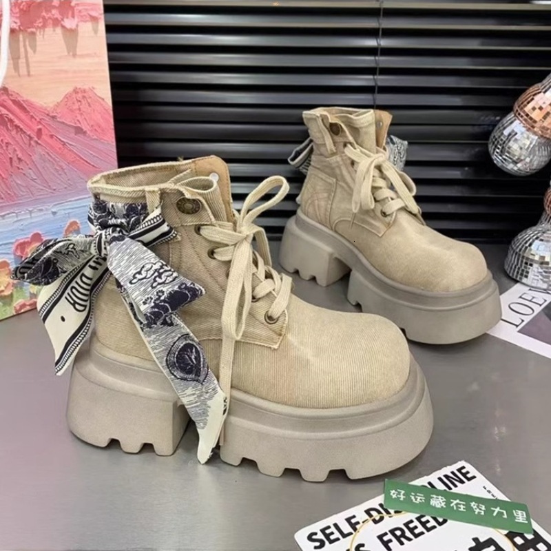 Ddmysports Summer New Canvas Martin For Women Thick Sole Height Increasing French Style With Skirt Bowknot Lace Up Single Boots Outdoor Shoes