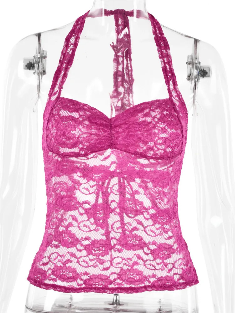 JULISSA MO Ladies Sexy Halter Bandage Lace See Through Crop Top For Women Summer Backless Slim Party Tops Vest 250611