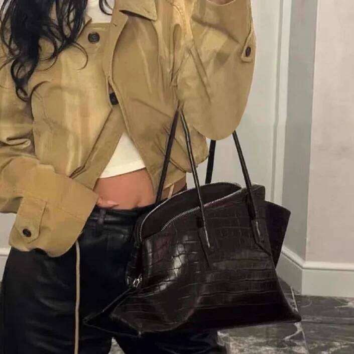 Retro Crocodile Pattern Large Capacity Tote Design Women's Pleated Pu Leather Shoulder Female Daily Commuter Bag 2025