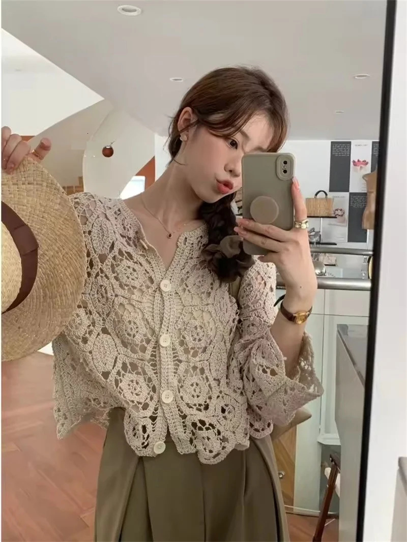 Spring Knitted Short Coat Womens Bohemian Hollow Out Long Sleeve Open Cardigan Top Fashion Lace Shirt 250611