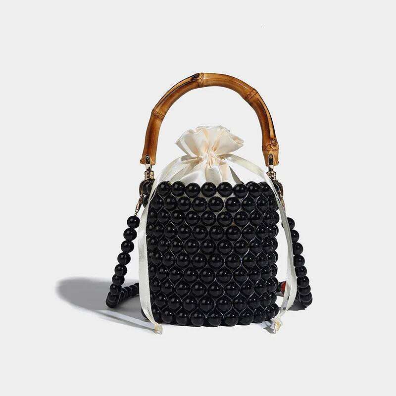 New Beading Acrylic Pearl Handbag Fashion Bamboo Handle Women's Cylindrical Shape Drawstring Evening Clutches Bag