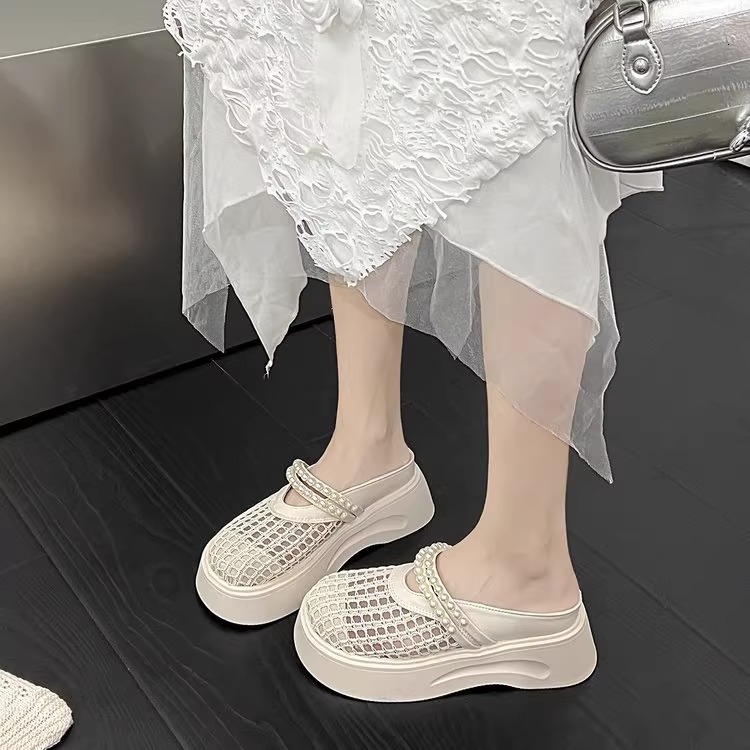 Ddmysports New Thick Soled Height Increasing Pearl Super Popular Slip On Closed Toe Half Slippers For Women Summer Outdoor Hollow Out Sandals Outdoor 