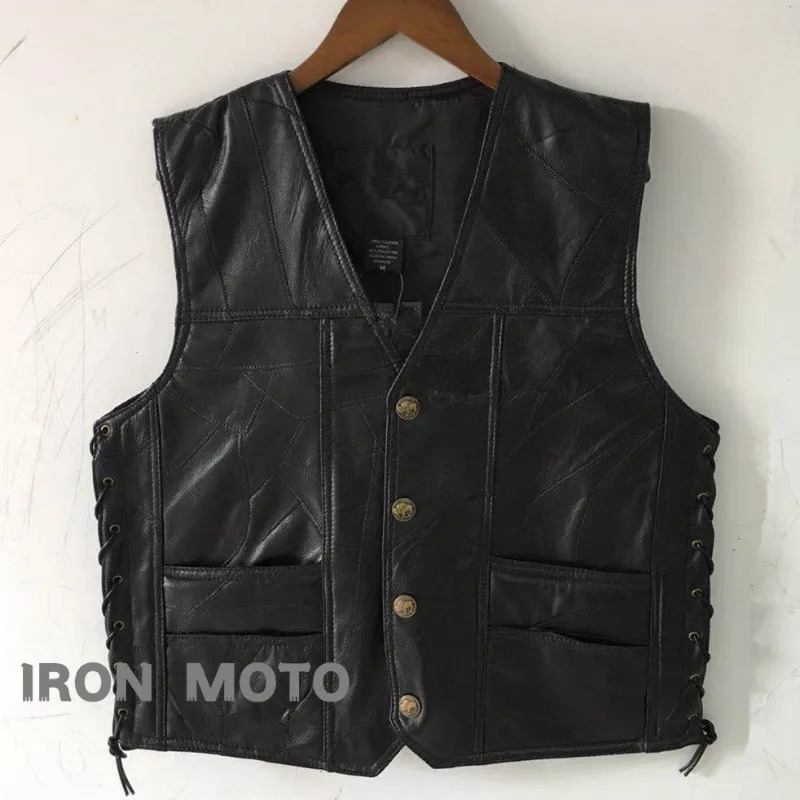 Men Motorcycle Vests Retro Black Cafe Street Leather Vest Chopper V Collar Lace Up Sides Jackets Large Size 250610A
