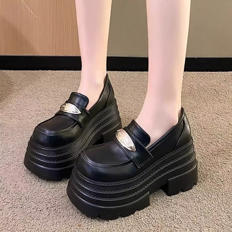 Ddmysports British Style Thick Soled White Loafers For Petite Women Chunky Heel Height Increasing Shoes Black Slip On Single Outdoor Shoes