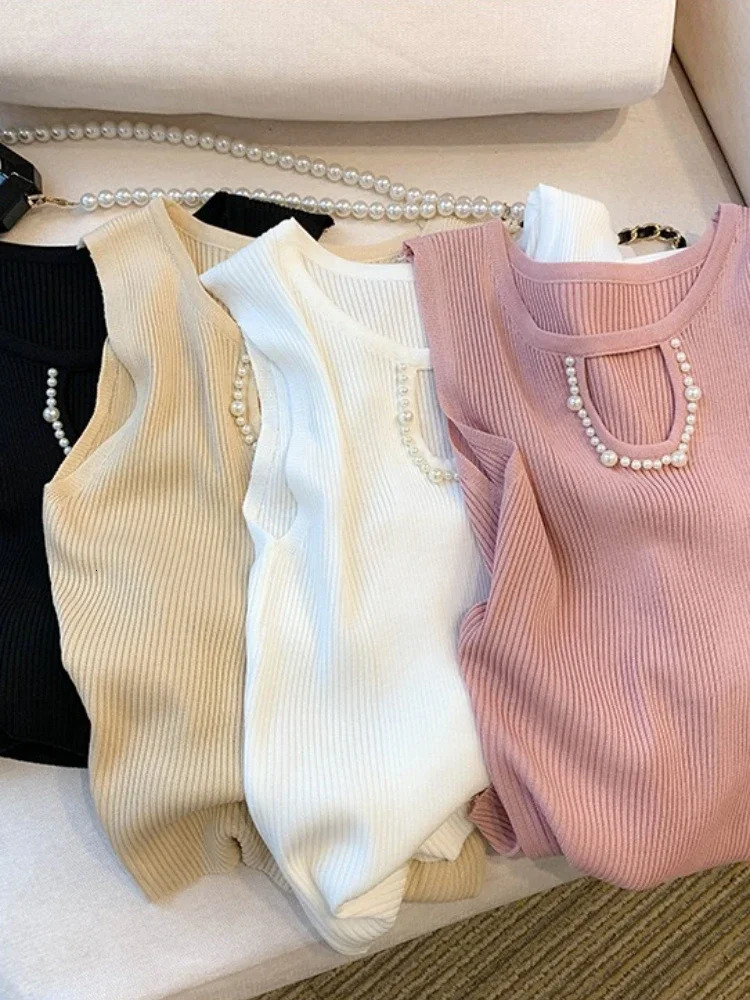 Korea Knitted Vests Women Top Solid Tank Blusas Summer Fashion Female Sleeveless Beading Hollow Out Casual Thin Tops 250614