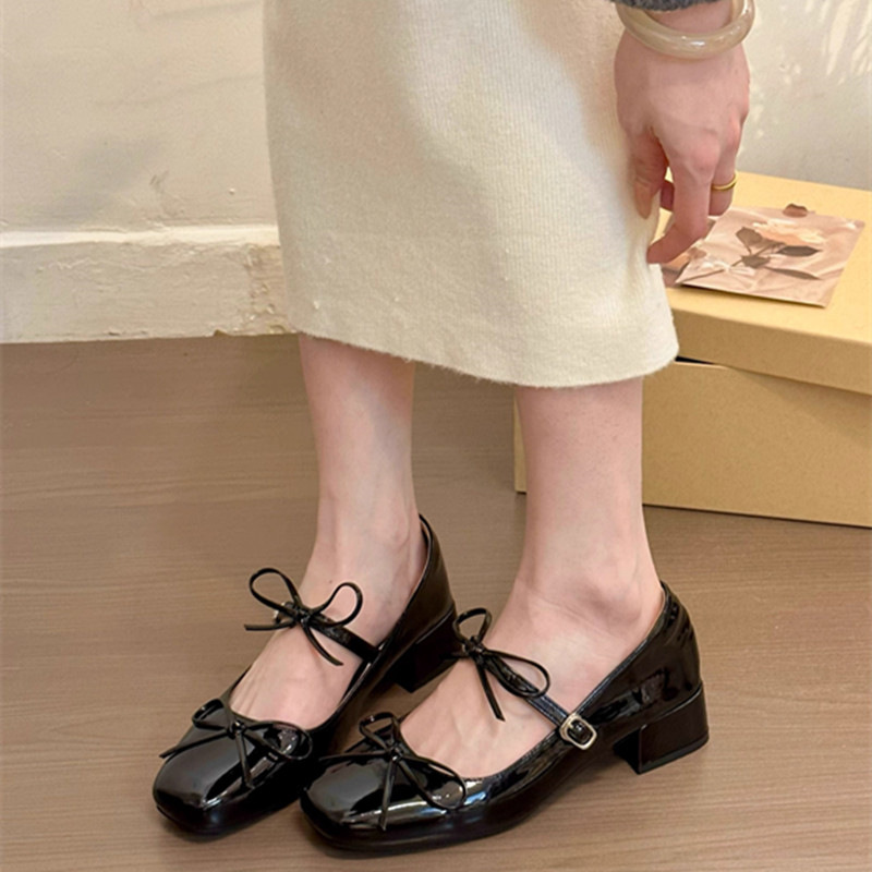 Ddmyoutdoor French Bowknot Square Toe Mary Jane For Women Spring New Style To Match Dresses Evening Single Chunky Heel Small Leather Shoes Outdoor Sho