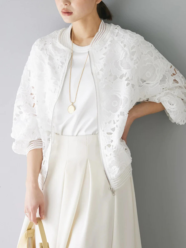 Hollow Out Lace Coat Women Ropa Mujer Long Sleeve Loose Korean Summer Y2k Tops Zipper Stand Neck Casual All Match Jackets 250611