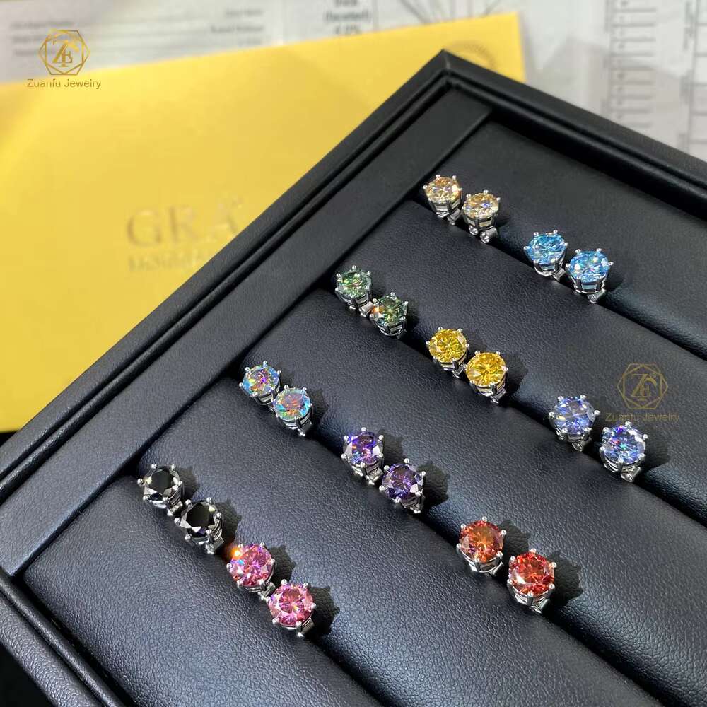 Gold Plated 6.5mm Moissanite Stud Earrings Blue Green Pink 6-Prong Push Back Design Cute Style for Anniversary Occasions