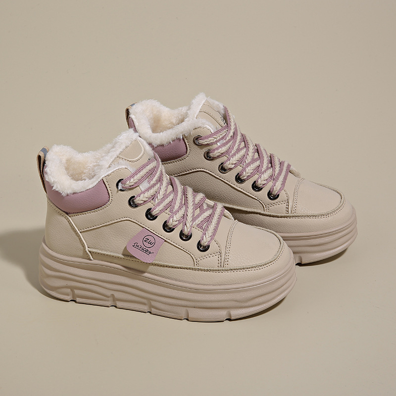 Ddmysports Winter Plush Lined High Top White Sneakers For Women Korean Style Versatile Height Increasing Thickened Warm Cotton Casual Board Trendy Sho