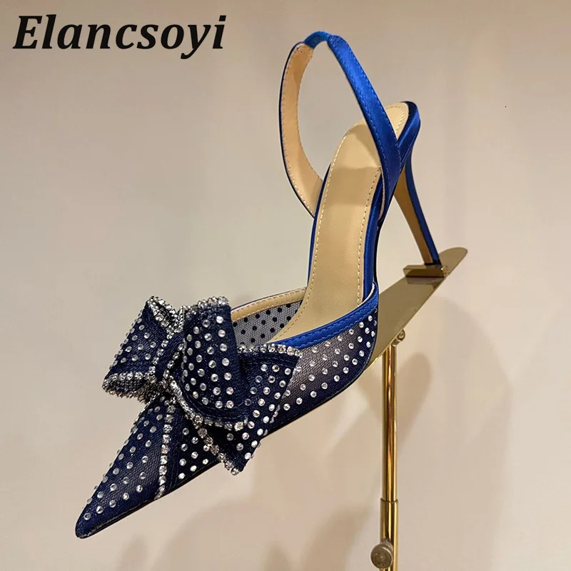 Sparkling Crystal Bow Decoration Thin High-Heeled Sandals Womens Satin Pointed End Sandalias Summer Fashion Party Dress Shoes 250613