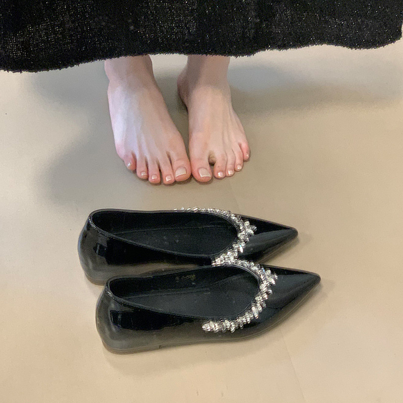 Ddmysports French Style Nude Pointed Toe Elegant Single Spring New Small Height Increasing Rhinestone Commuter Flat Shoes For Women Outdoor Shoes