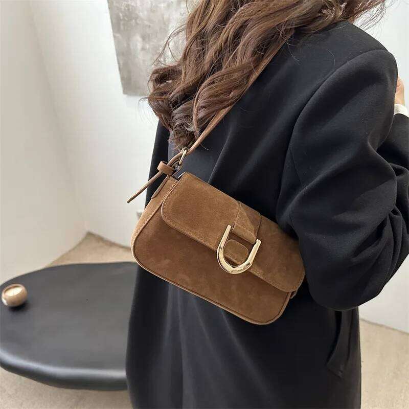Classic Suede Horseshoe Buckle Casual Crossbody Soild Color Small Shoulder Bag with Zipper Closure Women Clutch Purse