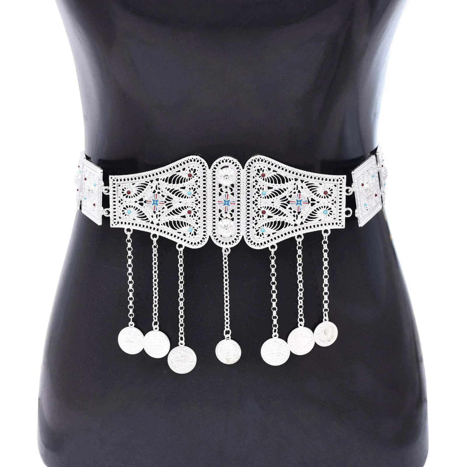 Silvery Assyrian Belt Hair Accessories for Women Kurdish Hollow Ethnic Waist Belly Chain Colorful Flag Leaf Coins Tassel Jewelry 250610