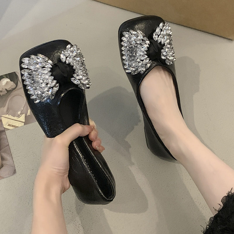 Ddmyoutdoor Spring Summer New Shallow Fairy Single With Rhinestones Gentle Evening Style To Match Dresses Square Toe Flat Shoes For Women Outdoor Shoe