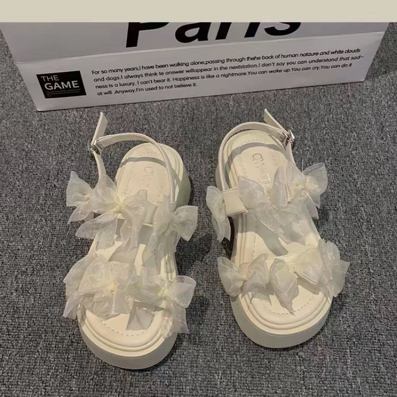 Womens Layered Bow Platform Sandals Thick Cushioned Sole with Adjustable Ankle Buckle for Summer Casual Wear 250605