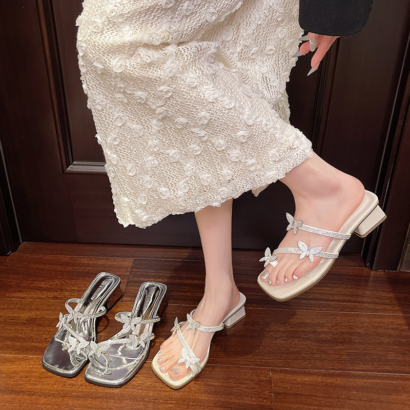 Ddmyoutdoor French Chunky Heel Stunning Slippers For Women Outdoor Summer New Fairy Style Butterfly Rhinestone Silver Toe Ring Sandals Outdoor Shoes