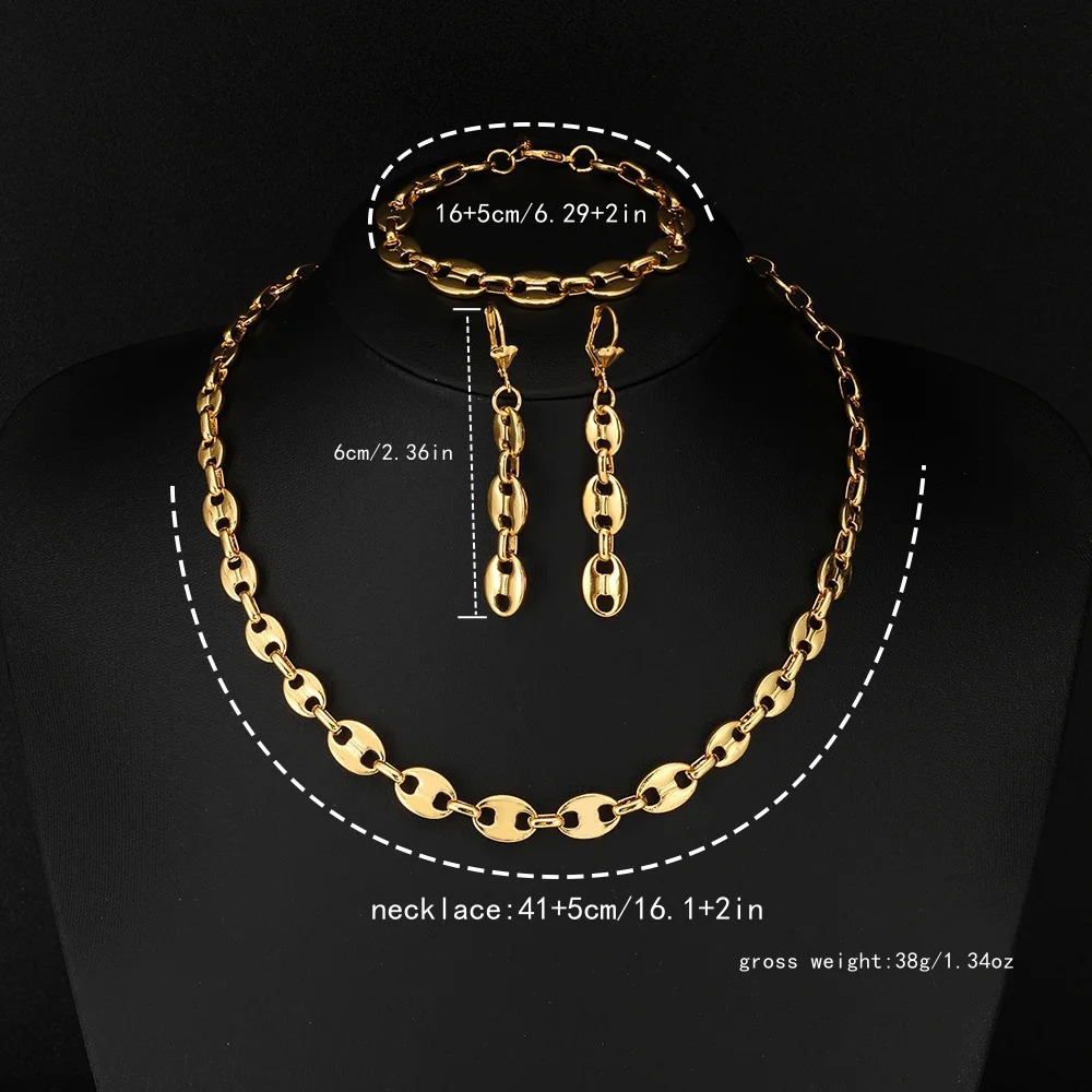 European and American cross-border coffee bean hip-hop golden bracelet earring necklace set lobster buckle stainless steel pig n 250609