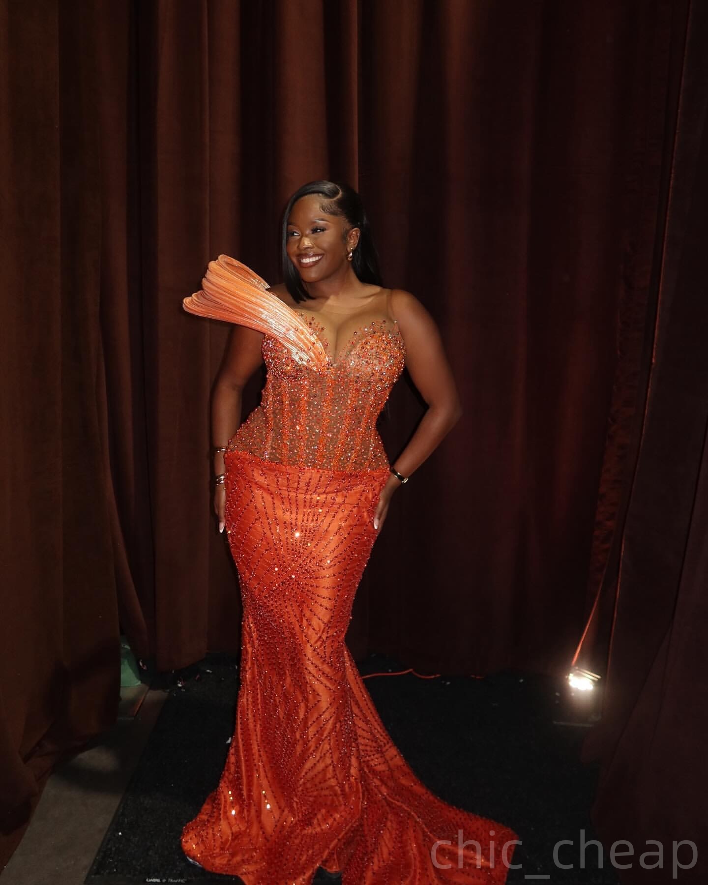Orange Mermaid Prom Dresses 2025 Beaded Sheer Neck Sequined Evening Formal Party Second Birthday Engagement Gowns Plus Size Dress For Special Occasion
