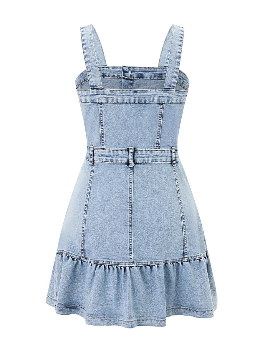 Women s Sleeveless Denim Jumpsuit with Button Up Front and Square Neckline Solid Color Overall Mini Dress for Summer Beachwear 250609