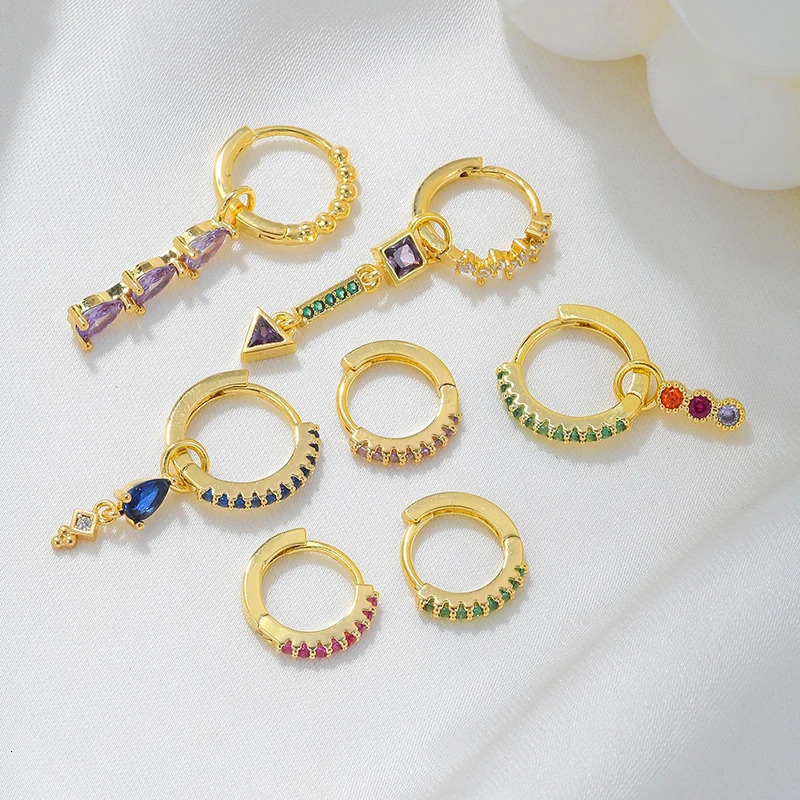 Exquisite Gold Color Rainbow Dangle Earrings for Women Colorful Zircon Piercing Hoop Earrings Set Fashion Jewelry Wholesale 250610