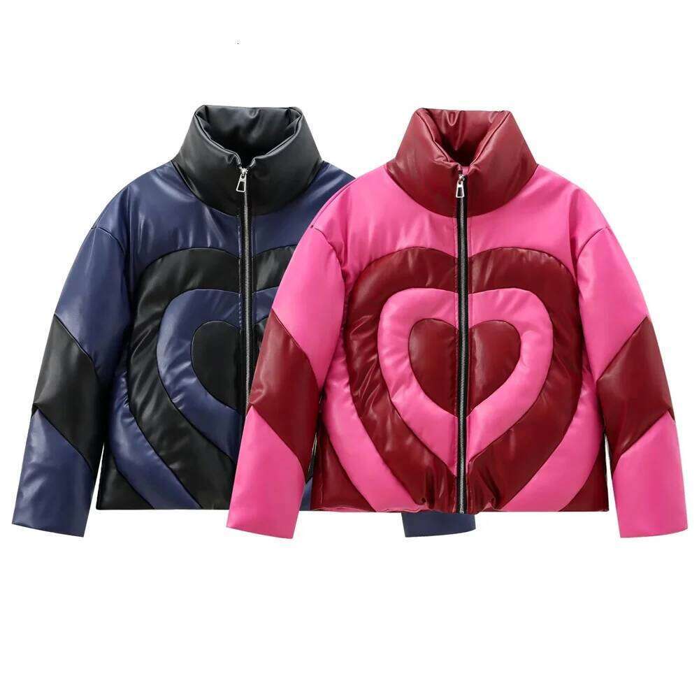 Autumn New Product Women's Fashion Leisure Versatile Stand up Collar Zipper Decoration Love Color blocked Cotton Coat
