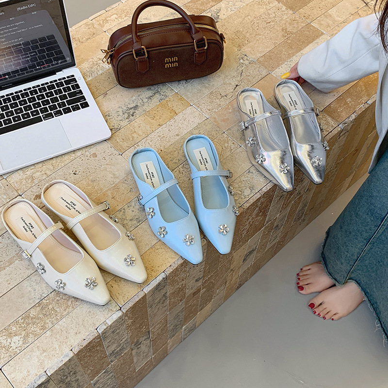 Ddmyoutdoor French Style Rhinestone Mary Jane For Women Summer New Outdoor Chunky Heel Silver High End Closed Toe Sandals Mules Outdoor Shoes