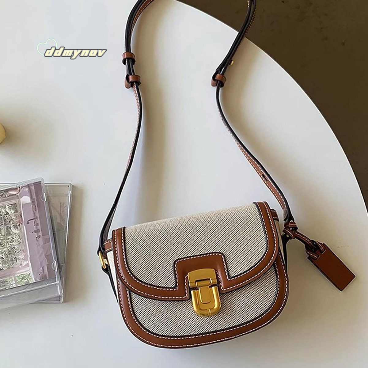 2025 New Spring Summer Beach Color Block Canvas Saddle Versatile Ins Style Shoulder Crossbody Bag ddmynov