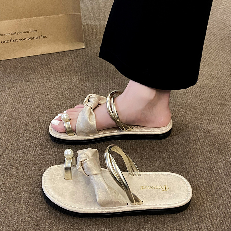 Ddmyoutdoor Women S Summer Sandals New Outdoor Chinese Style Toe Ring Beach Large Size Pearl One Strap Flat Shoes Outdoor Shoes