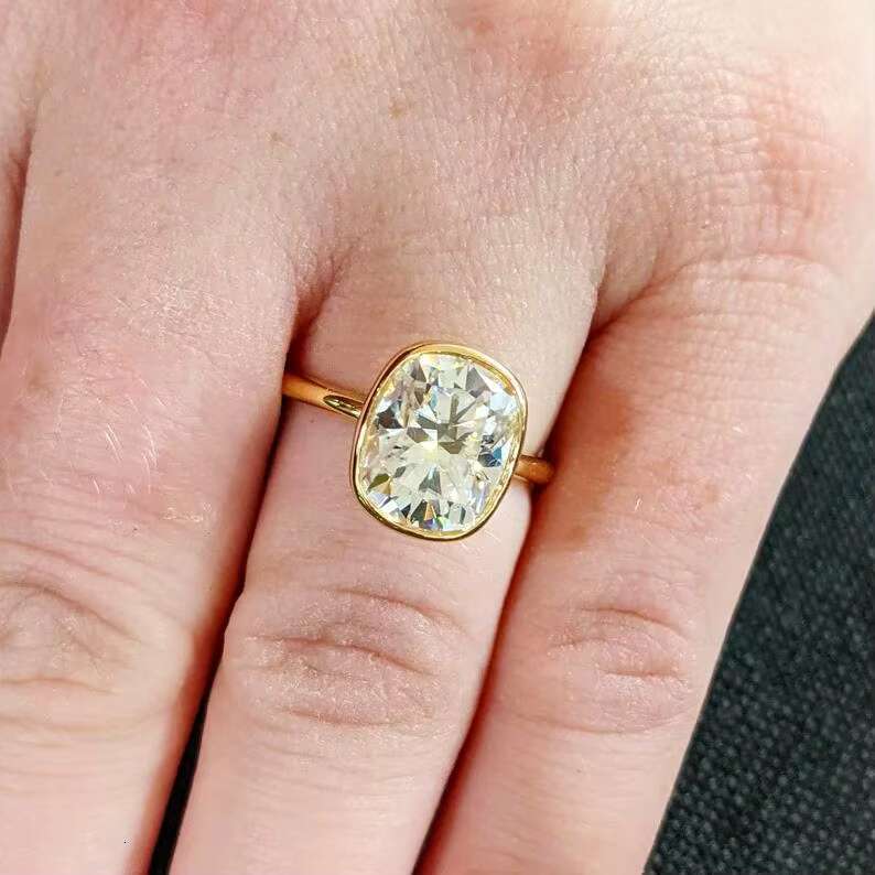 FOXI 3ct Elongated Cushion Cut Moissanite Ring Solid 925 Silver Engagement Ring Bezel Setting Statement Ring Bridal Jewelry