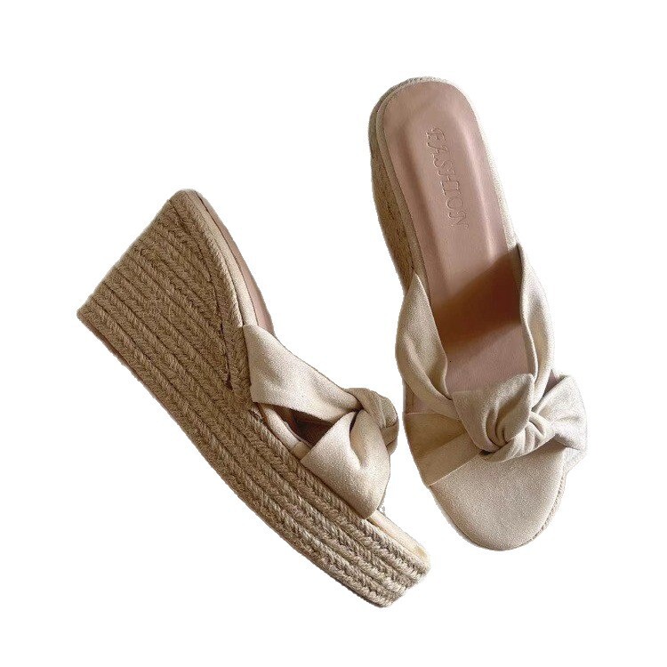 Wedge slippers summer new Korean bow shoes outdoor woven jute multifunctional designer sandals women's slippers sandals