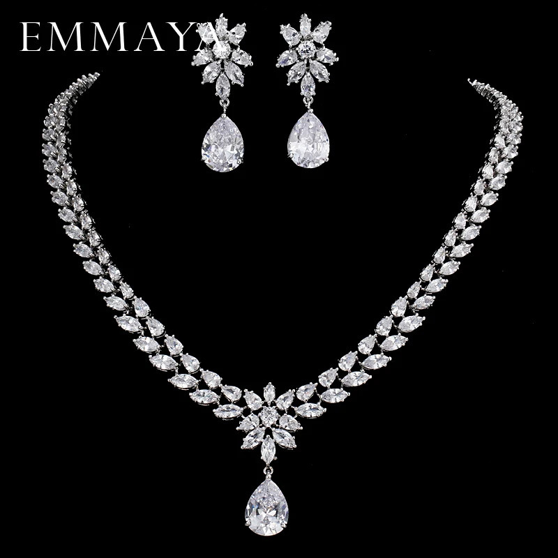 EMMAYA Romantic Trendy Flower Water Drop CZ Wedding Jewelry Sets For Brides Silver-color 250530