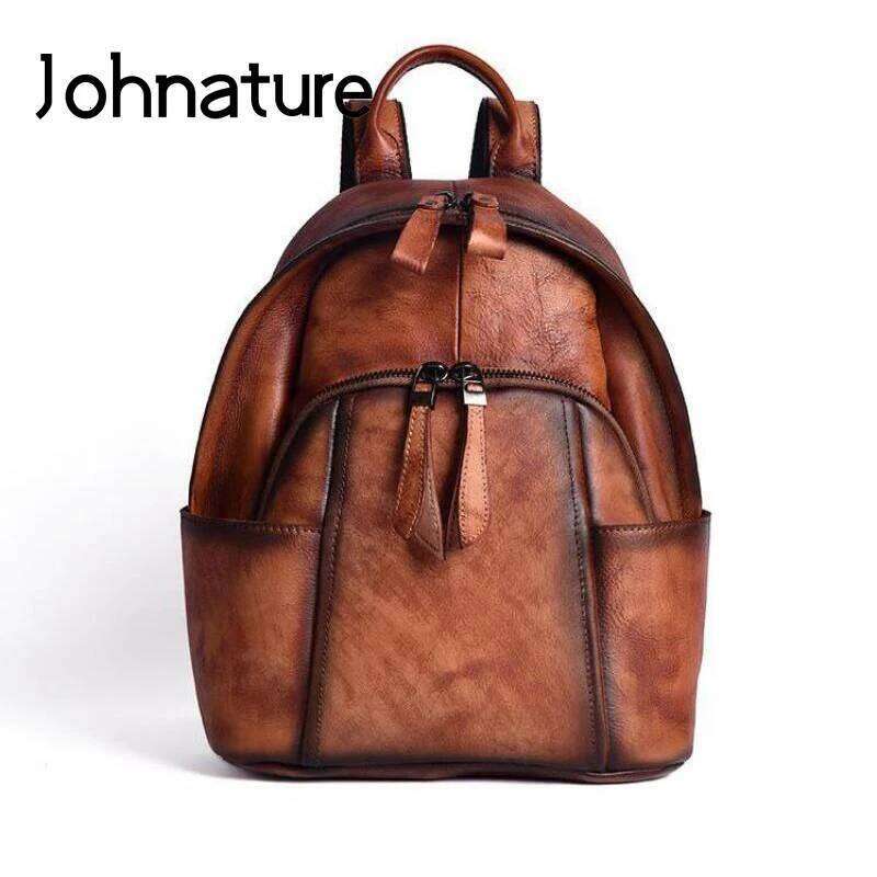 Johnature 2025 New Handmade Genuine Leather Backpack Retro Women Bag Leisure Real Cowhide Large Capacity Travel Backpacks