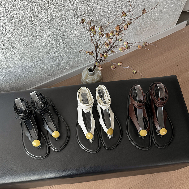 Ddmyoutdoor Niche New Flat Lace Up Toe Post Vacation Style Versatile Casual Thong Roman Beach Sandals Outdoor Shoes