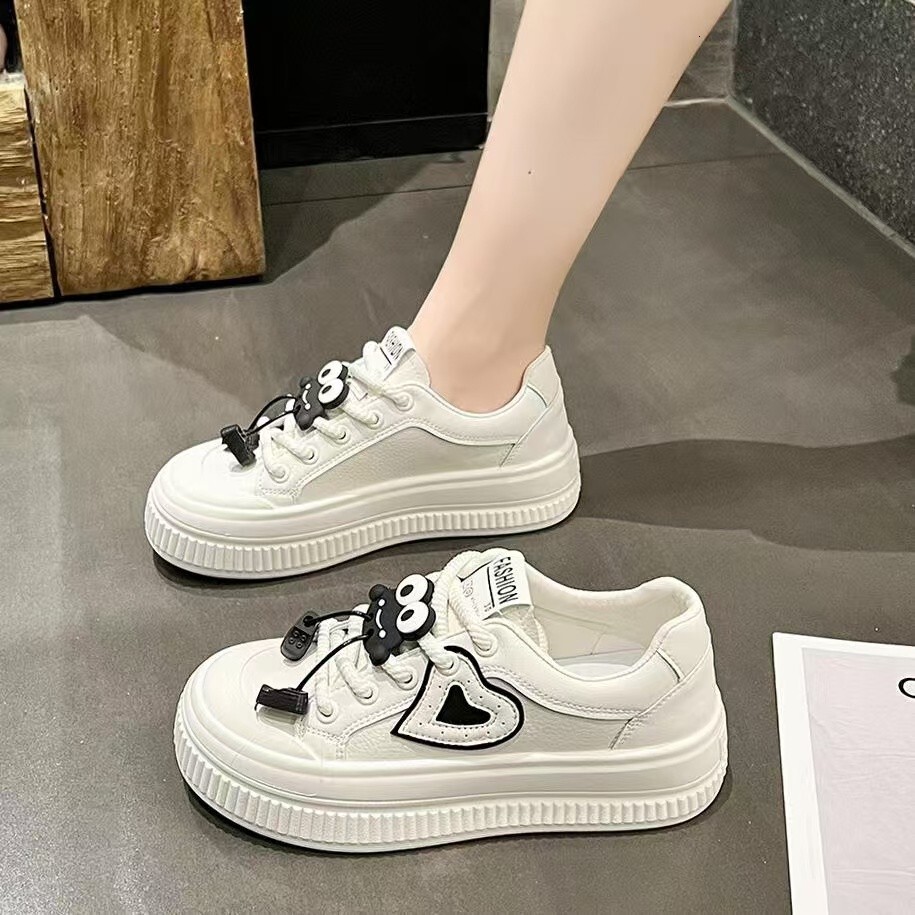 Ddmysports White Sneakers Autumn Korean Style Thick Sole Round Toe Lace Up Fashion Versatile Sports Casual Shoes Outdoor Shoes