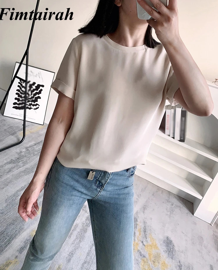 Fimtairah 6A 100% Full 32MM Not See Through 100% Mulberry Silk Top Blouse Summer Round Neck Short sleeve T-shirt woman 250609