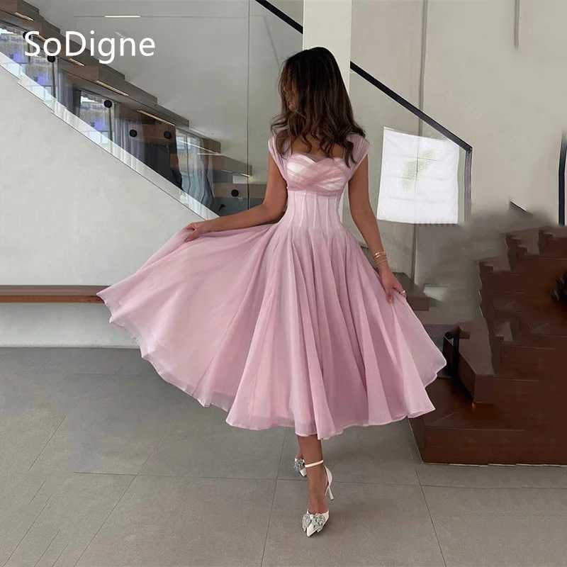 SoDigne Beige Chiffon Prom Dresses A-Line Mid-Calf Square Collar Draped Party Dress Charming Cocktail Gowns Customized W250614