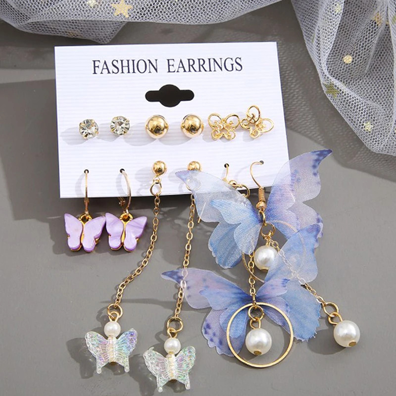 6 Pairs Korean Charm Gold Butterfly Stud Earrings Set For Women Girls Fashion Metal Long Tassel Chain Pierced Earrings Jewelry 250610