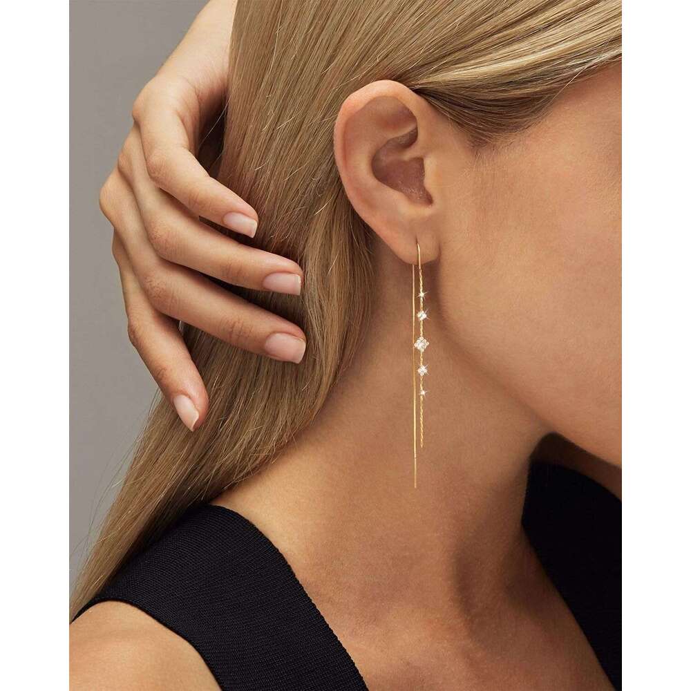 Gold Threader Women, 14K Dangle Long Drop Earrings Dangling, Dainty Elegant Dangly Ear Chain with Tassel and Cubic Zirconia for Wedding Hoco Trendy Je